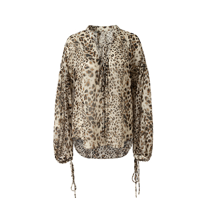 复古轻盈感豹纹系带慵懒通勤上衣