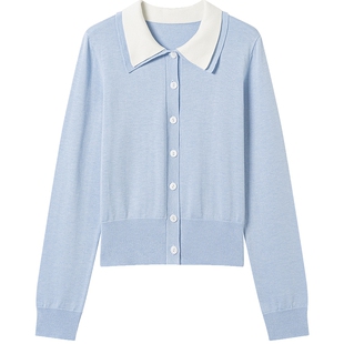 衣香丽影蓝色翻领新款上衣撞色丝光羊毛轻薄针织开衫春装女款2026