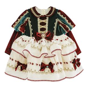 幼悠女童圣诞系列宫廷风公主裙冬季星星花边泡泡袖大蝴蝶结连衣裙