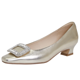 商场同款百田森黑色粗跟单鞋女2025新款春约会水钻配裙子的鞋子