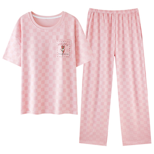 芬腾可安睡衣女款2026新款夏季纯棉带胸垫短袖大码粉系家居服夏天