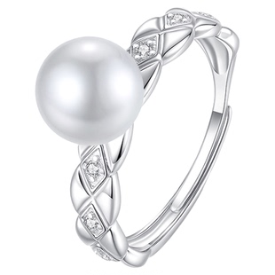 天然海水珍珠戒指女akoya白色极强光单珠法式菱格纹开口调节手饰