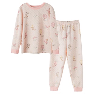 女童秋冬空气棉保暖内衣里纯棉长袖女孩三层夹棉加厚睡衣儿童睡衣