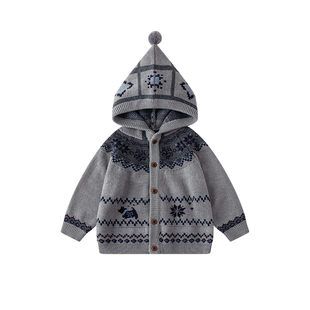 嫚熙宝宝毛衣2025新款秋冬季开衫羊毛费尔岛毛衣儿童连帽针织外套