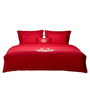 罗莱家纺床上用品结婚全棉贡缎床单被套大红色婚庆喜被四件套