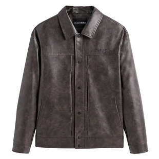 太平鸟男装 擦色PU皮夹克2025秋季新款时尚翻领休闲外套刺绣茄克