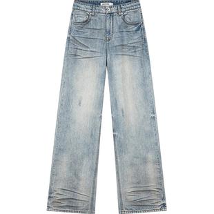 UOOYAA/乌丫2025秋季新款褶皱猫须牛仔长裤