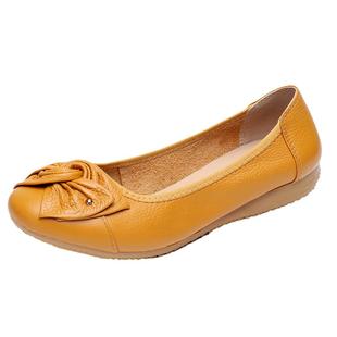 头层牛皮大码女单鞋蝴蝶结真皮软妈妈鞋平底春季软牛皮中老年女鞋