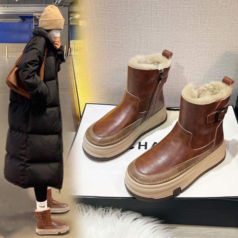 真皮兔毛雪地靴女冬季加绒加厚保暖侧拉链短靴厚底防滑东北大棉鞋