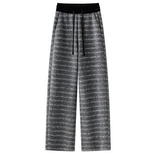 拉夏贝尔条纹裤子女2025新款冬加厚休闲加绒直筒裤高腰阔腿运动裤