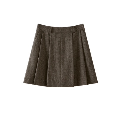 OSA棕咖色高腰毛呢百褶短裙