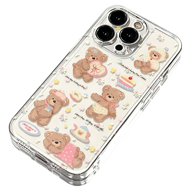 Cute Floral Bear Clear Space Case 适用 iPhone 17 Pro Max 16 15 Pro 14 Soft Cover