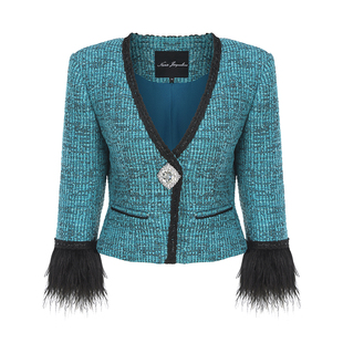 [甄选4.5折]NanaJacqueline大溪地蓝套装编织羽毛小香风外套千金