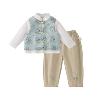 [7A抑菌]男童唐装套装春新款新中式儿童马甲三件套国风宝宝拜年服