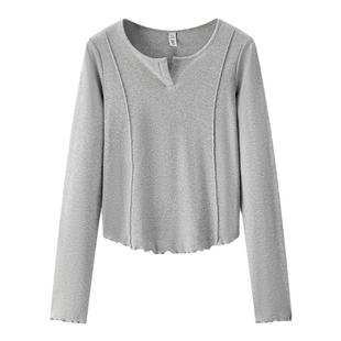 [商场同款]森马长袖T恤女短款纯色紧身显瘦2025秋新款木耳边上衣