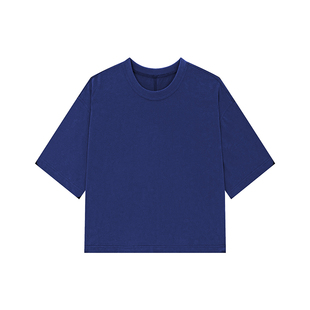 NANBEIBEI南北贝法工蓝纯棉宽松短袖t恤女夏季纯色百搭简约风上衣