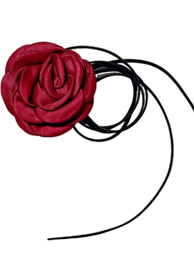 超大酒红色玫瑰花颈带项链