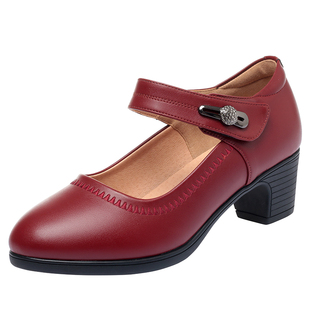 妈妈鞋软底舒适女春秋款单鞋不累脚休闲中年真皮一字扣中跟皮鞋