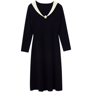 一三良品小个子 手工钩花v领收腰修身黑色针织连衣裙长裙内搭裙