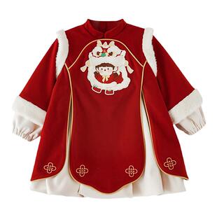 幼悠女童年服舞龙安安刺绣贴标连衣裙冬季萌趣可爱中国风保暖裙子
