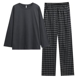 带胸垫睡衣女春秋款纯棉大码宽松长袖格子家居服套装秋冬季可外穿