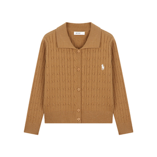 Amybaby女童上衣春季2025新款Polo领刺绣针织麻花毛衣套头开衫