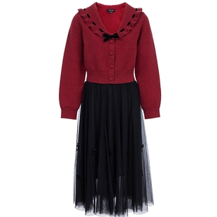 Vero Moda连衣裙2025冬季新款蝴蝶结针织衫红色裙子325446023