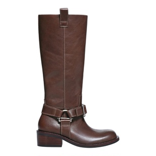 unfolio2025新款经典金属搭扣及膝靴粗跟长靴圆头靴子女