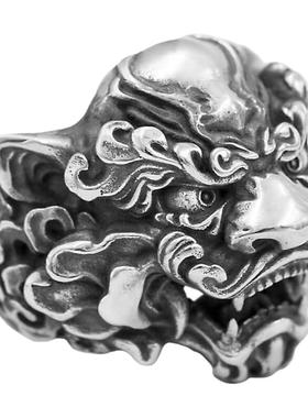 唐狮戒指松岩S925银霸气原创男士