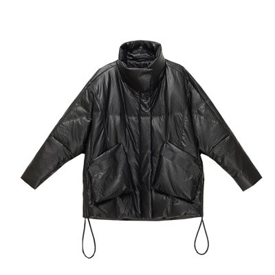 真皮羽绒服女宽松蝙蝠袖皮衣外套