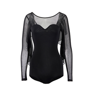 IFV摩登舞上衣女黑色网纱透视长袖国标舞练功服专业款连体衣1046