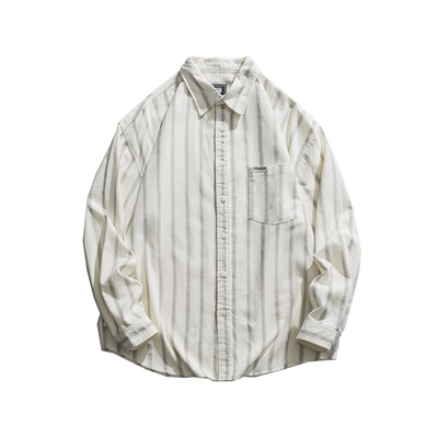 翻领长袖山系条纹撞色衬衫