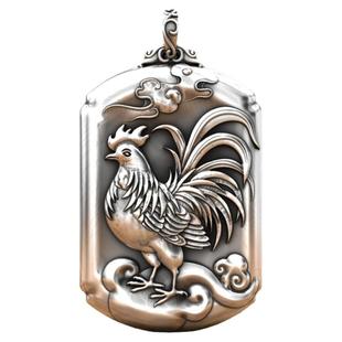 实心加厚纯银生肖鸡吊坠男女挂坠复古泰银足银项链霸气酉公鸡银牌