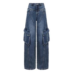 王心凌薛凯琪同款美式复古水洗多口袋工装牛仔裤女宽松直筒阔腿裤