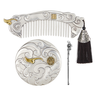 纯银S999梳子女款做旧发梳足银有凤来仪梳妆三件套装长辈女友礼物