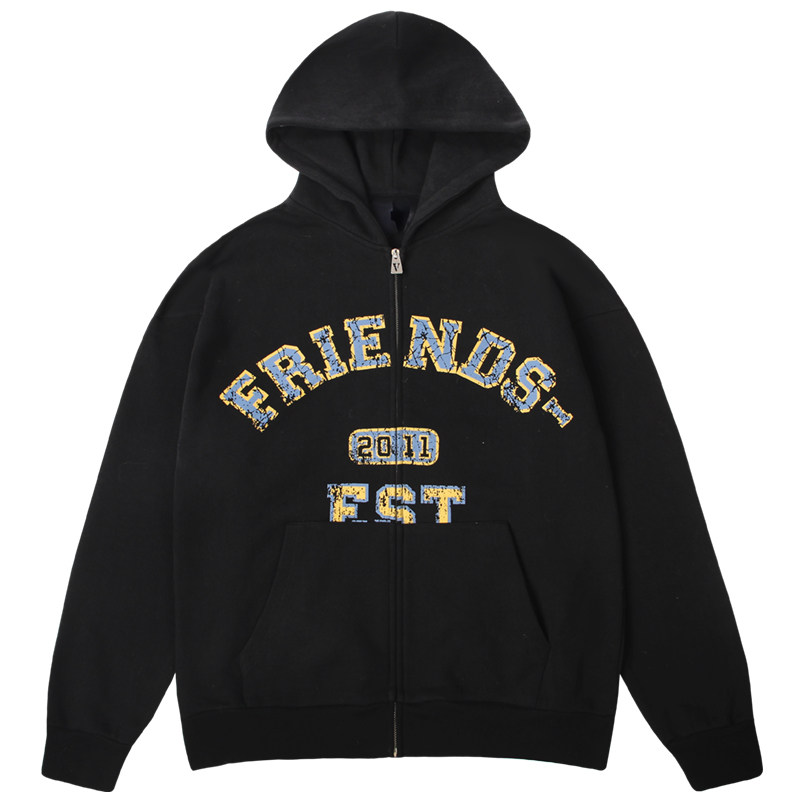 VLONE复古破坏大印花 宽松拉链连帽卫衣FRIENDS-系列男女同款