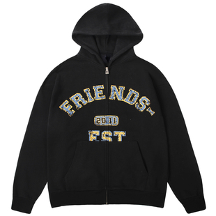 VLONE FRIENDS-复古破坏大印花 宽松拉链连帽卫衣 男女同款