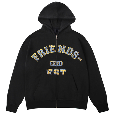 VLONE FRIENDS-复古破坏大印花 宽松拉链连帽卫衣 男女同款