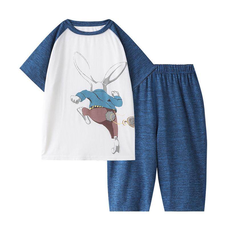 恒源祥男童睡衣套装夏季薄中大童短袖空调服男孩家居服奔跑的兔子