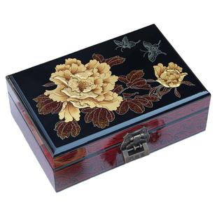 中式红匣子平遥漆器首饰盒木质富贵牡丹结婚国风梳妆盒嫁妆盒带锁