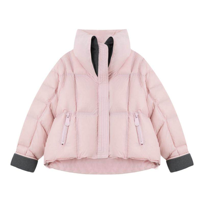 百家好黑色冬季新款立领加厚短款羽绒服女拼接宽松白鸭绒保暖外套