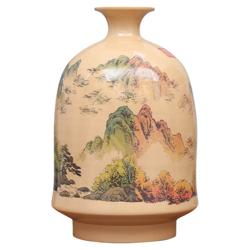 廖渊涵重工山水彩填紫陶花瓶