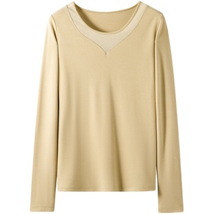 网纱拼接薄款保暖内衣女冬季上衣百搭圆领打底衫秋衣单件发热棉