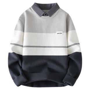 啄木鸟2025秋冬季男假两件加厚条纹拼接毛衣韩版衬衫领秋冬季线衣