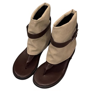 坡跟厚底内增高夹脚凉鞋女款2025新款凉靴裤管靴西部牛仔罗马靴子