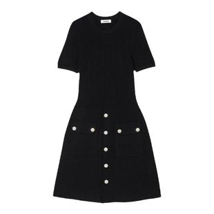 SANDRO Outlets秋冬女装简约气质黑色高腰收腰针织连衣裙小黑裙