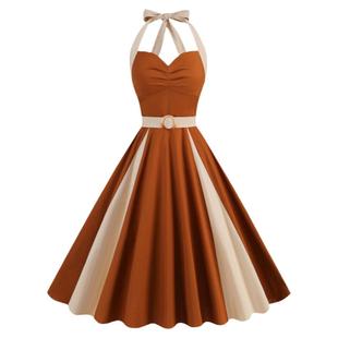 美式复古年代感港风气质收腰大摆中长挂脖撞色连衣裙子夏度假演出