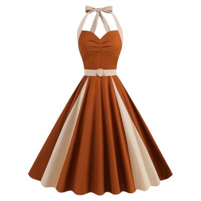 美式复古年代感港风气质收腰大摆中长挂脖撞色连衣裙子夏度假演出