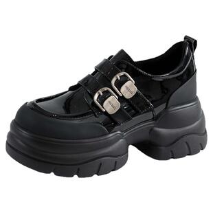 木林森女鞋2025冬季新款厚底加绒乐福鞋女英伦风百搭舒适牛漆皮鞋