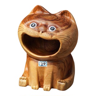 邱师傅竹木实木招财猫客厅樟木雕刻大嘴猫进门钥匙收纳摆件木头猫